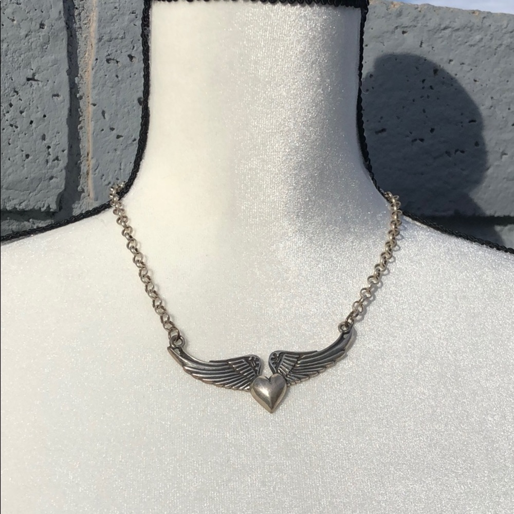 Heart and angel wings silver necklace